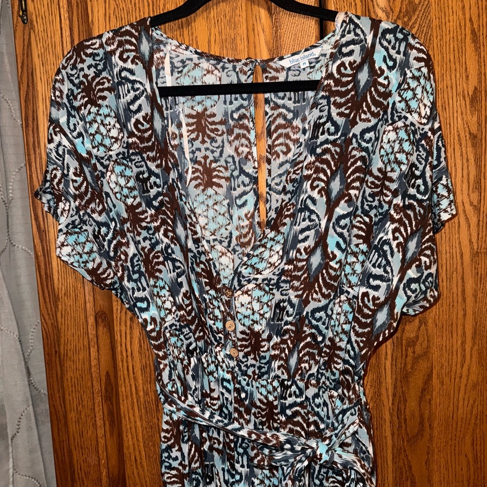 Blue and brown patterned pant romper (Blue Island)